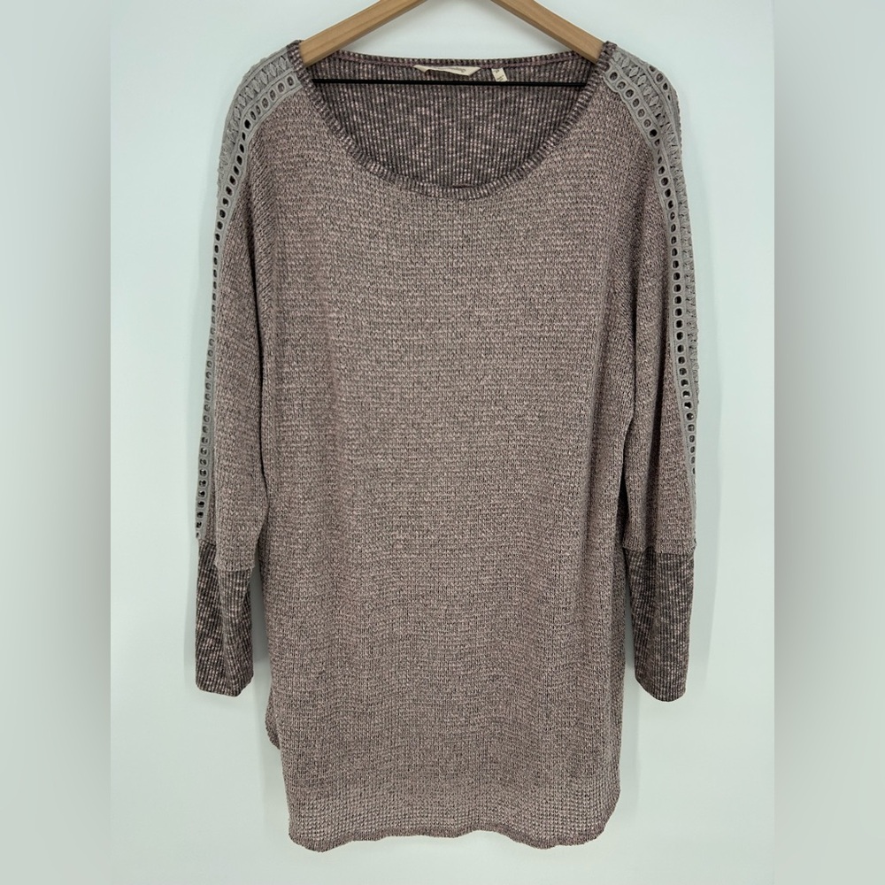 Soft Surroundings Bailey Waffle Knit Crochet Trim Longline Sweater Mauve/Gray-2X